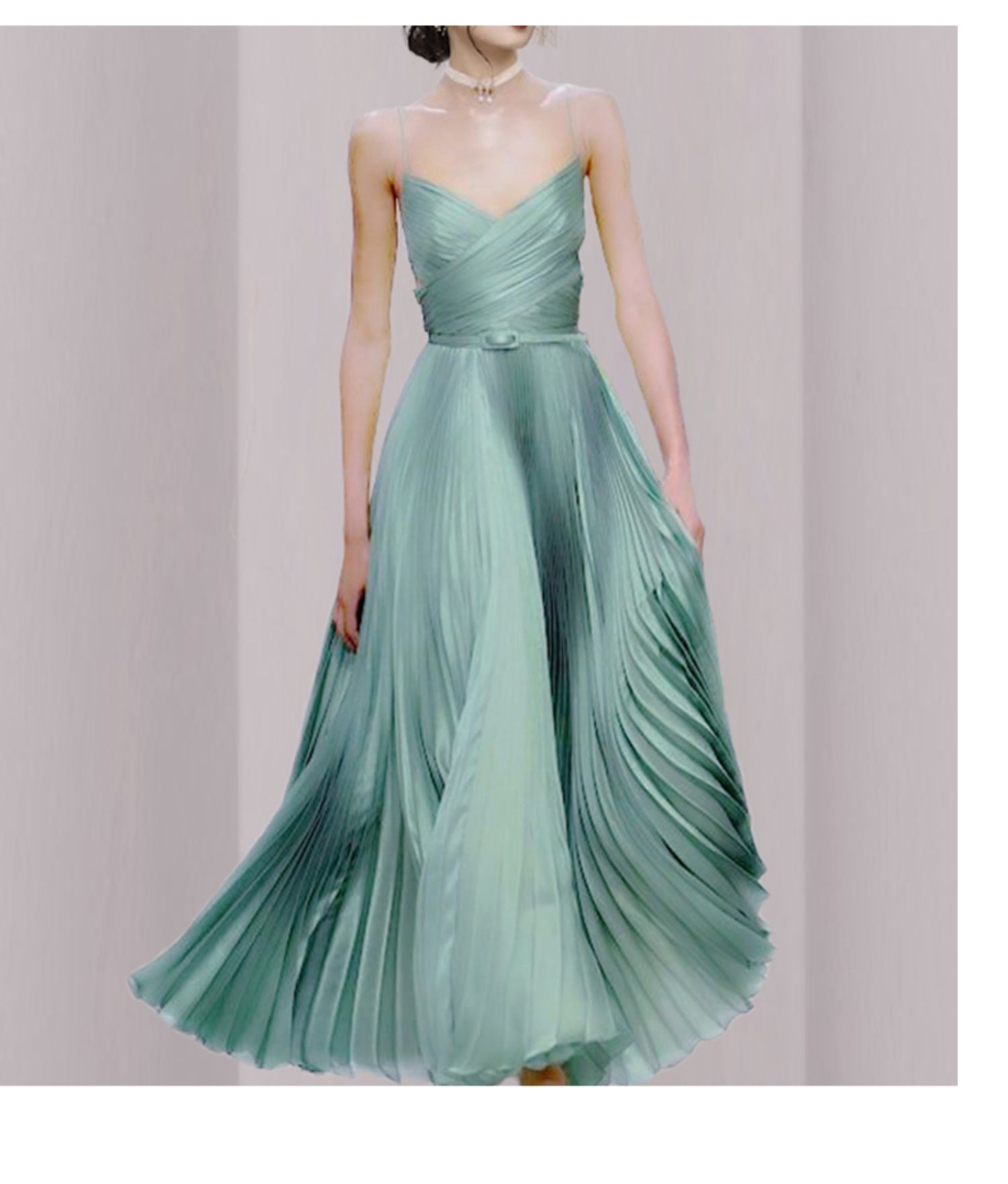 オケージョン ドレス シアーチュール付きプリーツロングワンピース