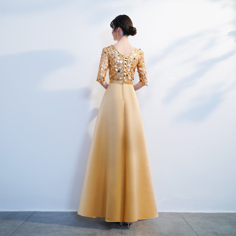 オケージョン ドレス スパンコール刺繍五分袖フレアロング丈ワンピース