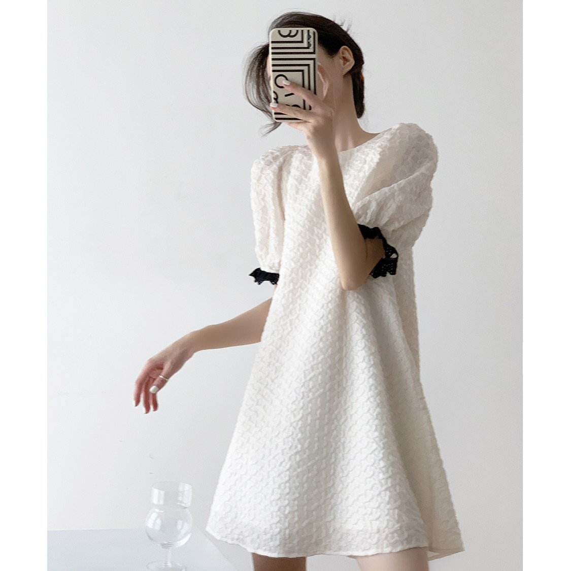 オケージョン ドレス パフスリーブジャガード織り膝丈上品ワンピース