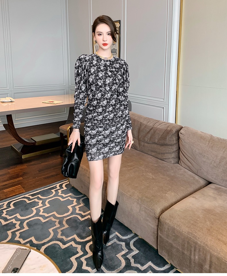 オケージョン ドレス 花柄刺繍パフスリーブタイトドレス