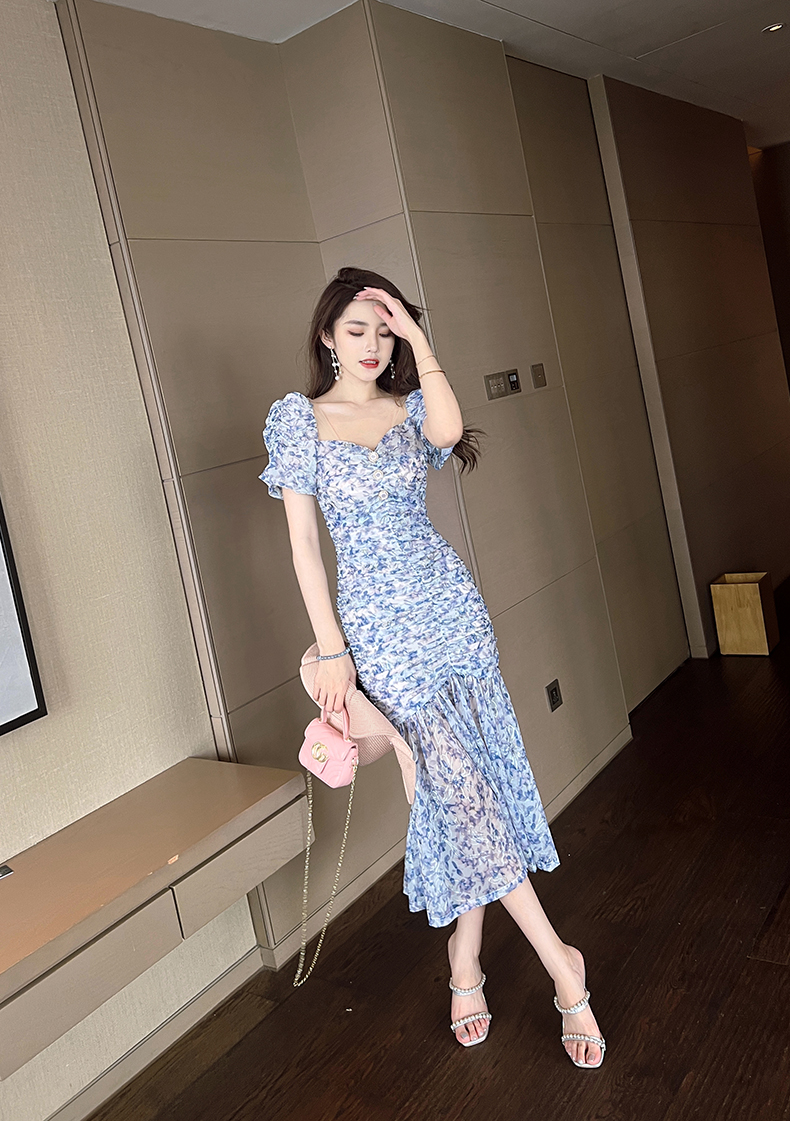 オケージョン ドレス 花柄シャーリングマーメイドドレス