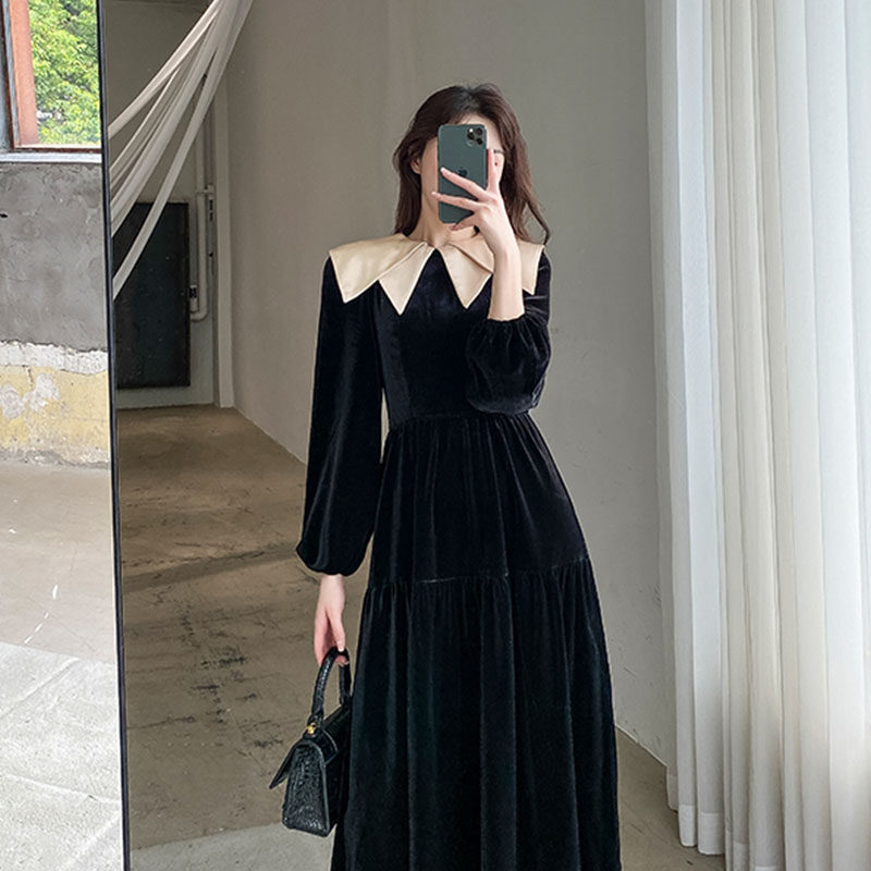 オケージョン ドレス 配色ビッグカラー付きベロアティアードロングドレス