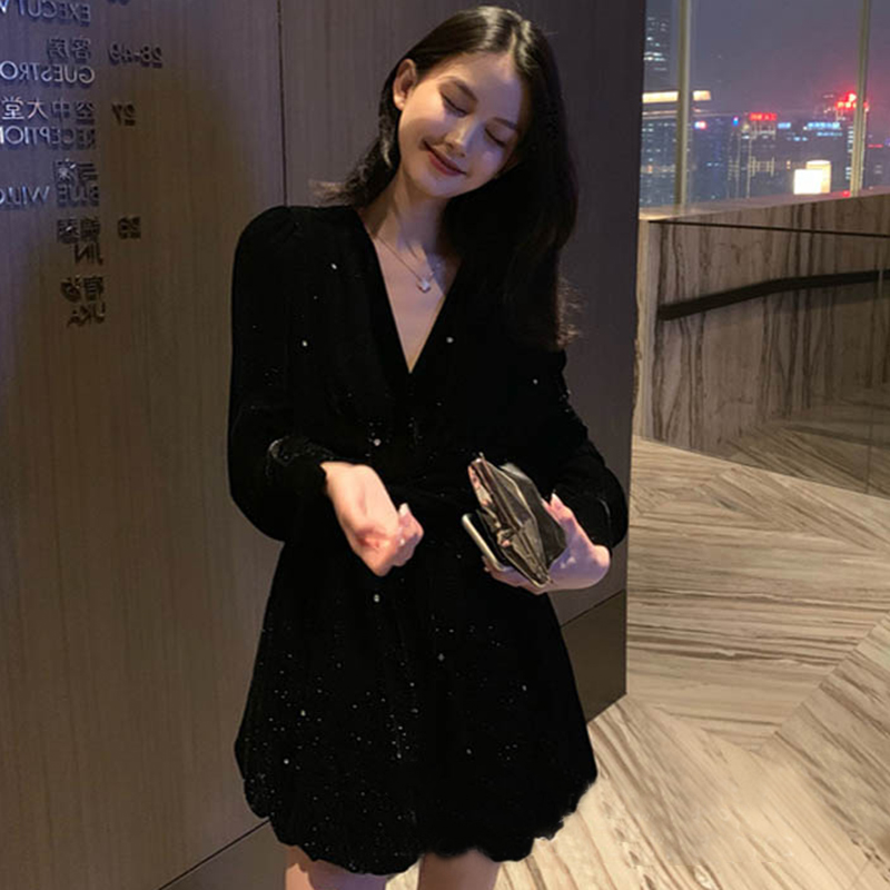 オケージョン ドレス ビジュー付きベロアミニ丈カシュクールドレス