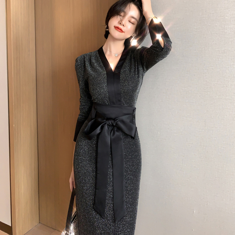 オケージョン ドレス きらめく光沢素材のウエストリボンタイトワンピース