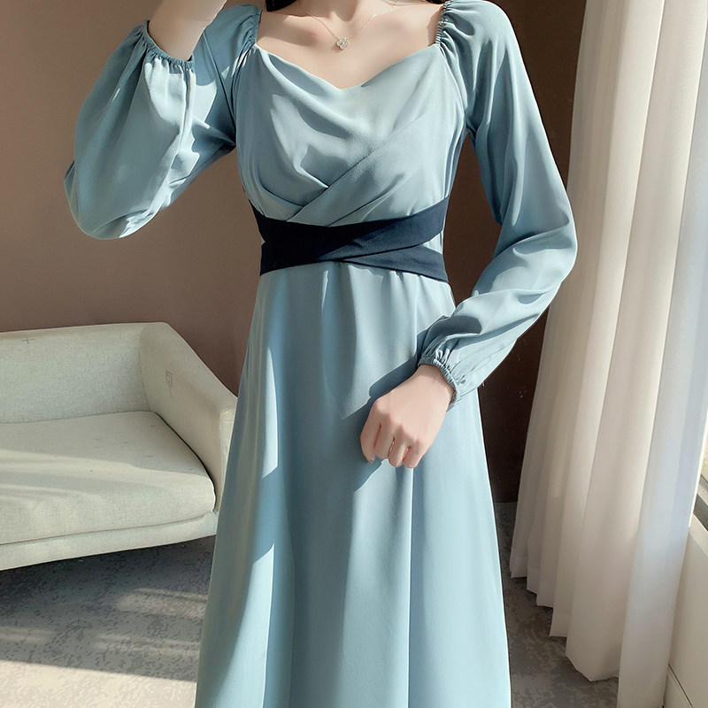 オケージョン ドレス 配色ベルト付きスクエアネック長袖ワンピース