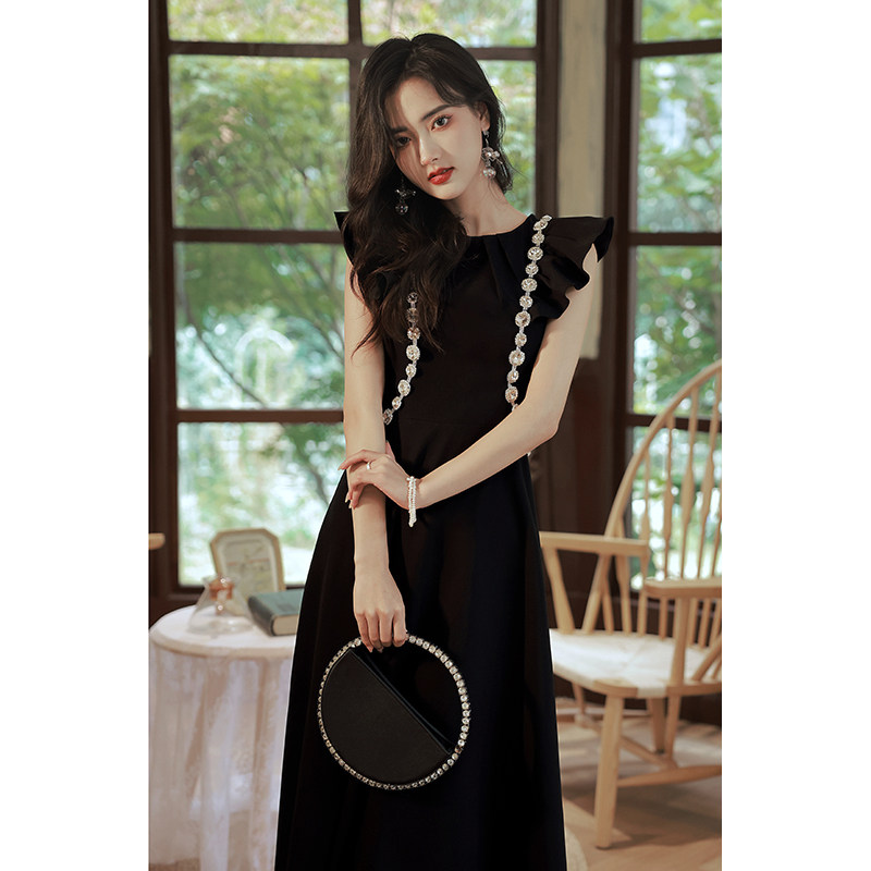 オケージョン ドレス ビジュー装飾フリル袖ロング丈上品ワンピース