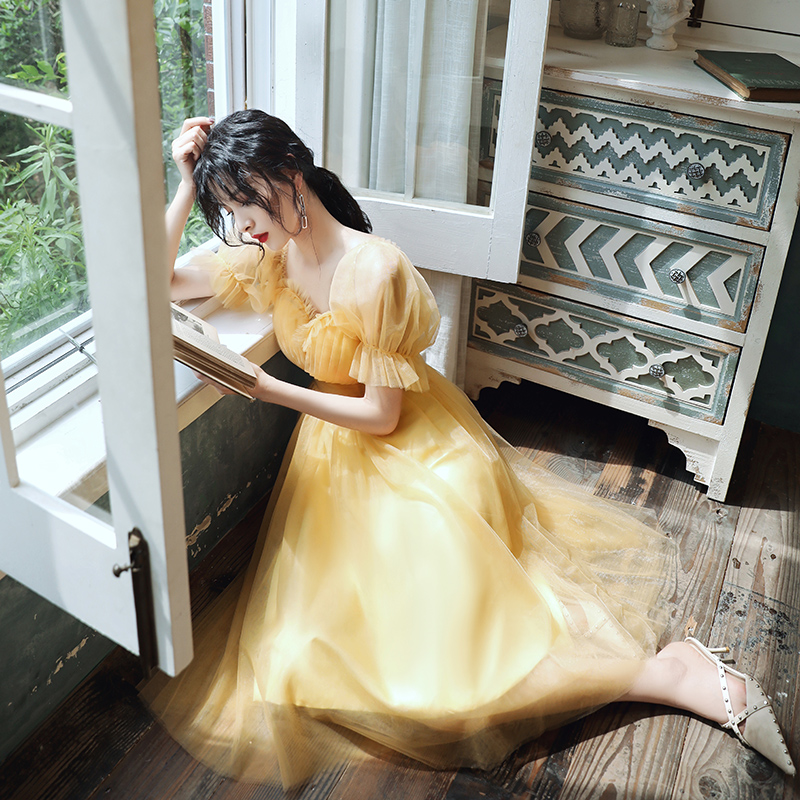 オケージョン ドレス 花びらチュール袖ふんわり姫様風ミディ丈ドレス