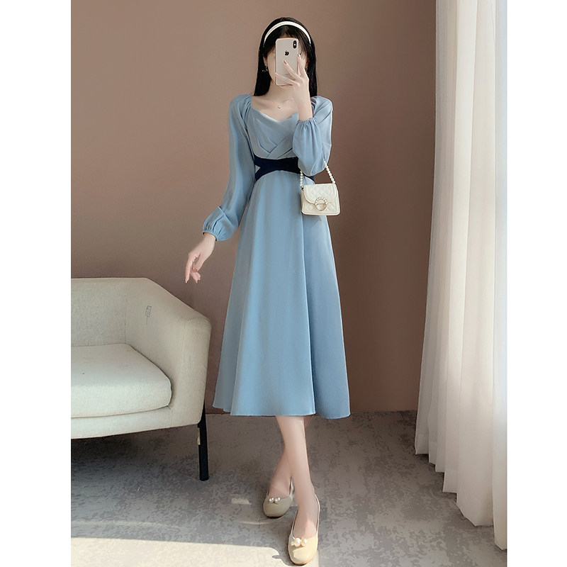 オケージョン ドレス 配色ベルト付きスクエアネック長袖ワンピース