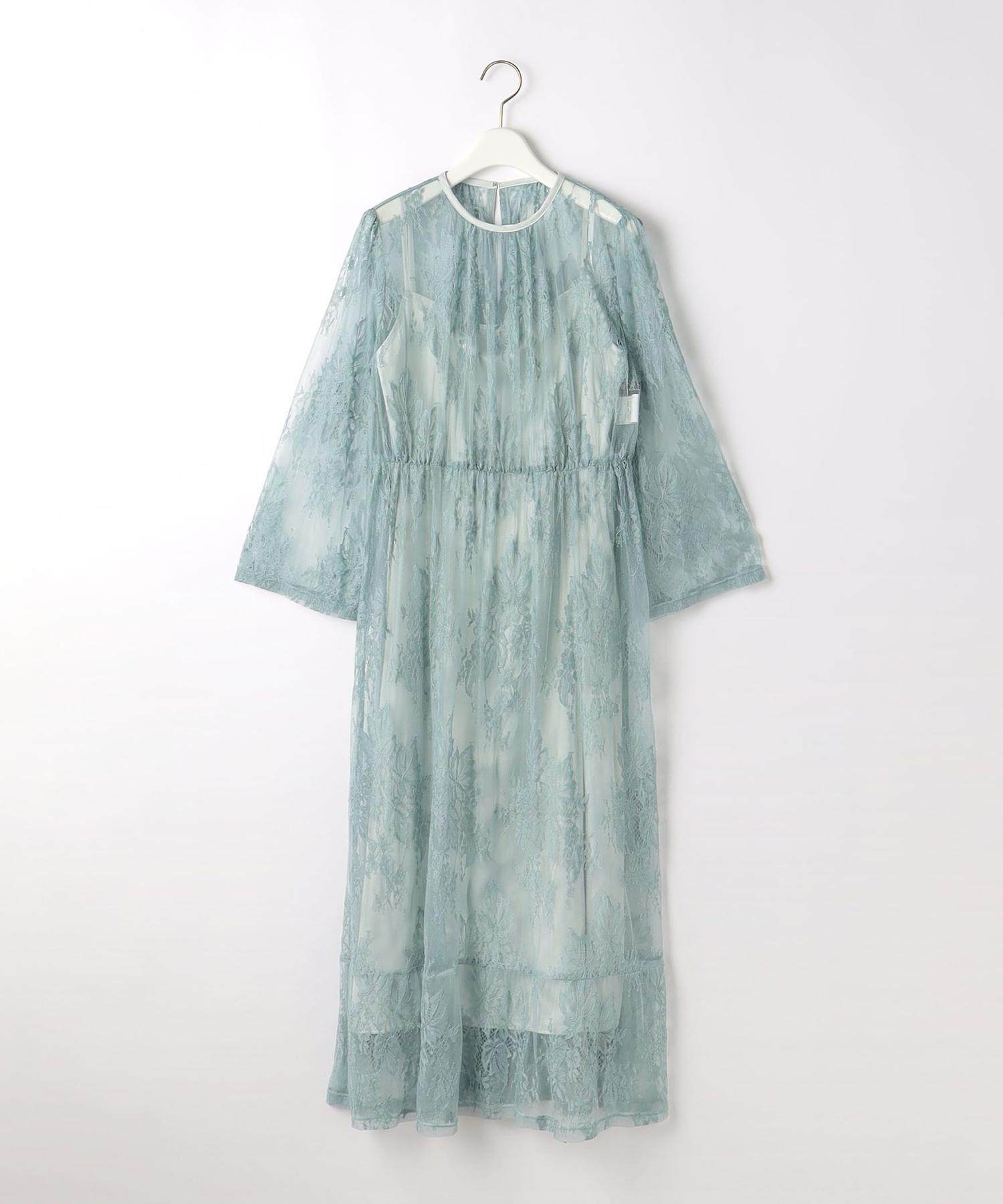 オケージョン ドレス 総レース長袖シアー切替ロング丈ワンピース