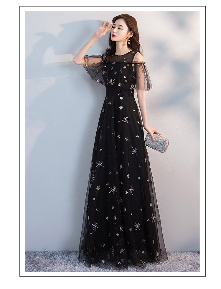 オケージョン ドレス 星刺繍チュール袖付きロング丈ワンピース