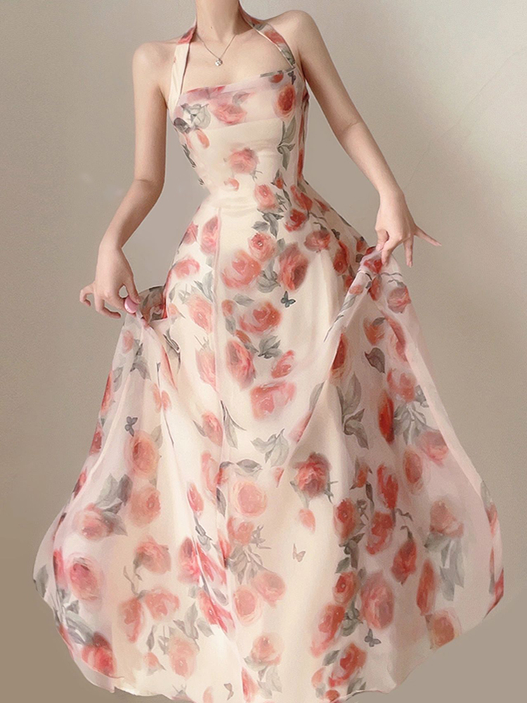 オケージョン ドレス 花柄オーガンジーホルターネックロング丈ワンピース