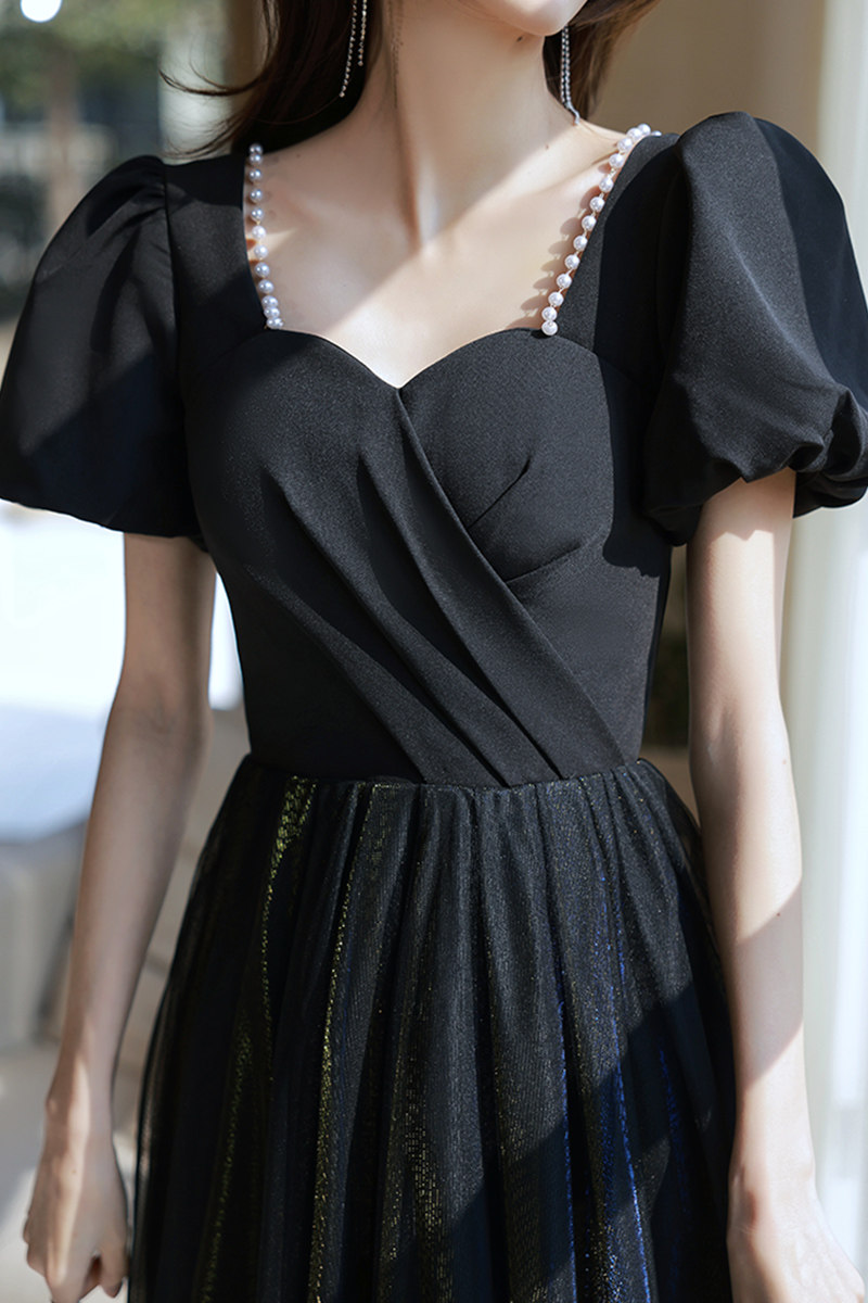 オケージョン ドレス パフスリーブハートネックチュールロングドレス