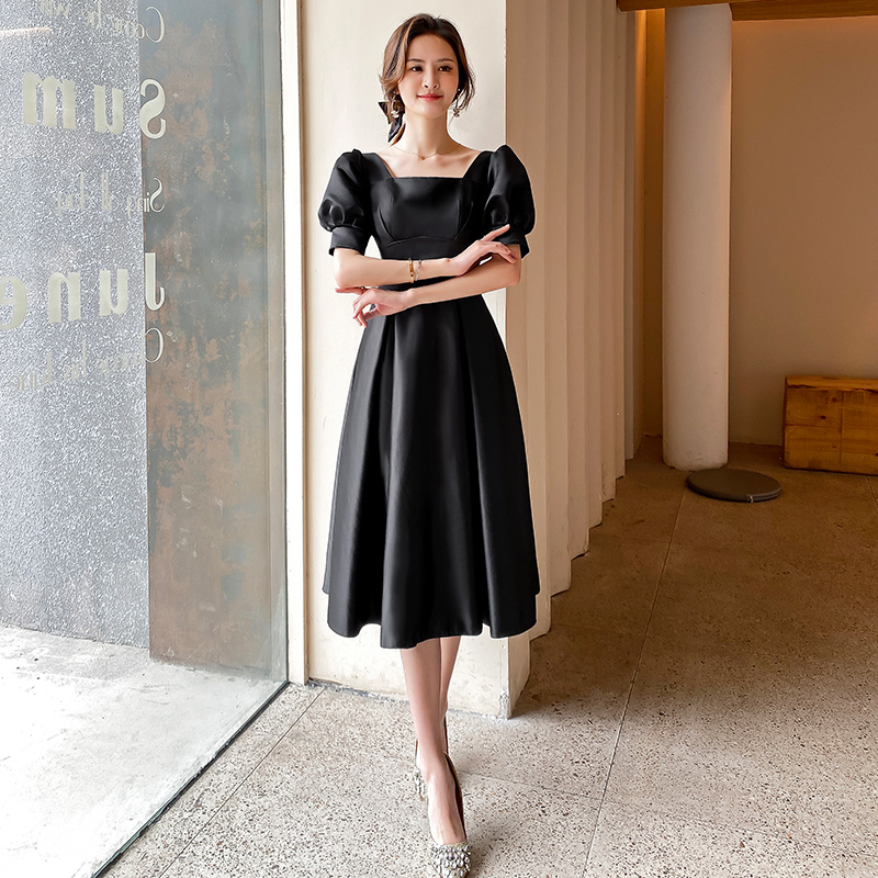 オケージョン ドレス パフスリーブスクエアネックフレアワンピース