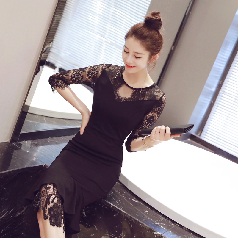 オケージョン ドレス 総レース袖エレガント裾広がりマーメイドドレス