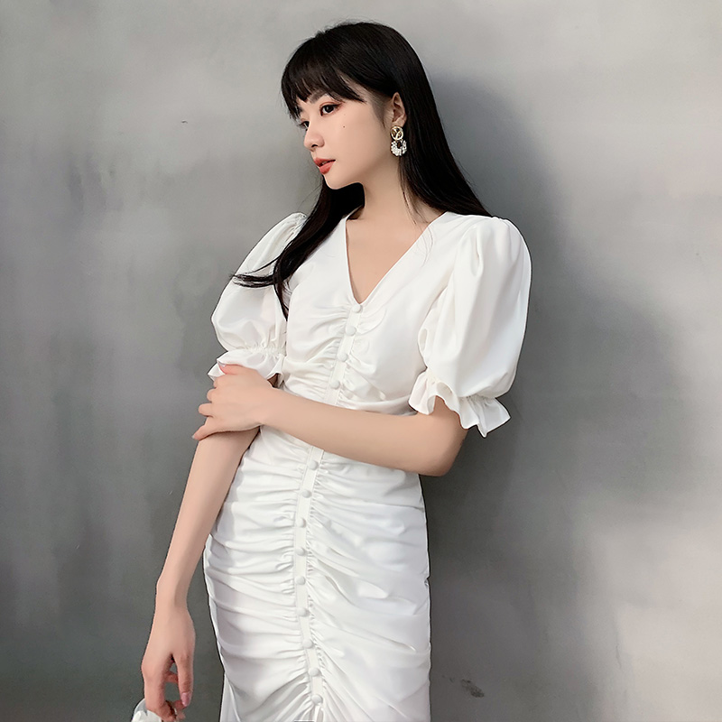 オケージョン ドレス パフスリーブギャザーマーメイドドレス