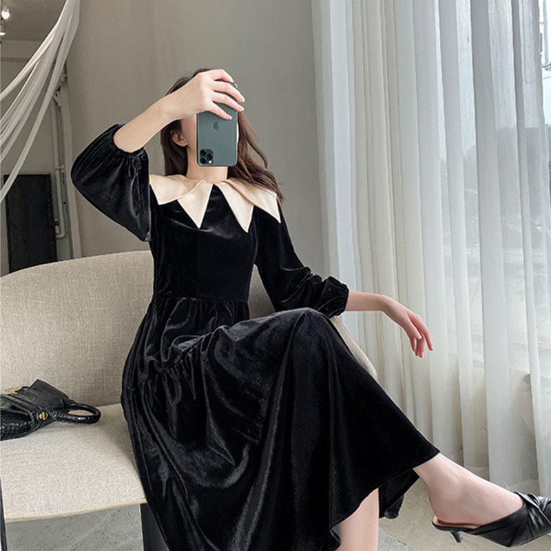 オケージョン ドレス 配色ビッグカラー付きベロアティアードロングドレス