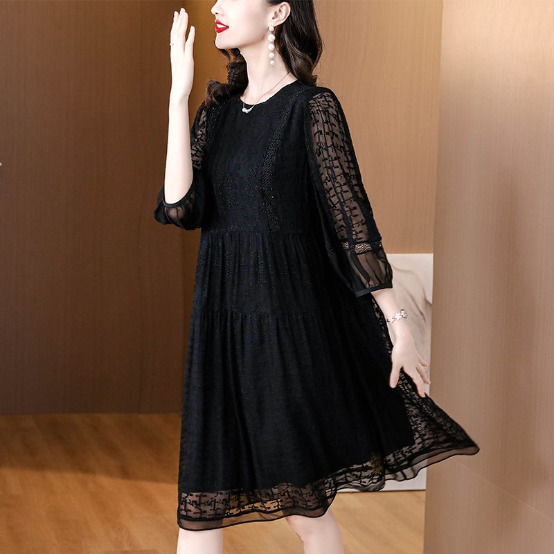 オケージョン ドレス シアーレース袖切替エレガントミディ丈ワンピース