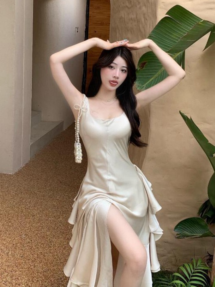 オケージョン ドレス アシンメトリーリボン付きスリット入りロングワンピース