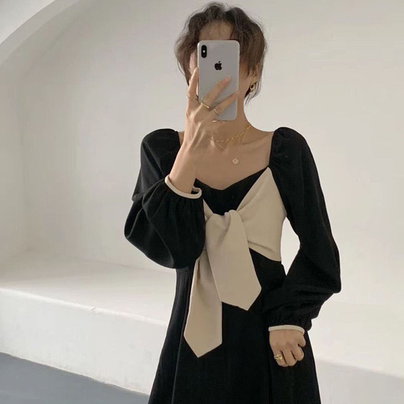 オケージョン ドレス 配色リボンタイ付きパフスリーブワンピース