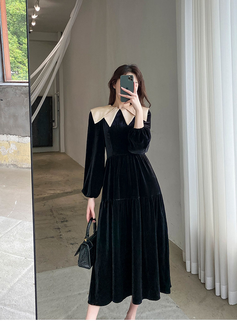 オケージョン ドレス 配色ビッグカラー付きベロアティアードロングドレス