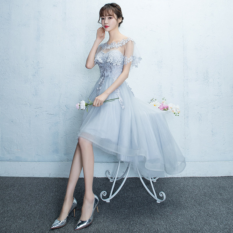 オケージョン ドレス 花柄刺繍レース前短後長裾チュールドレス