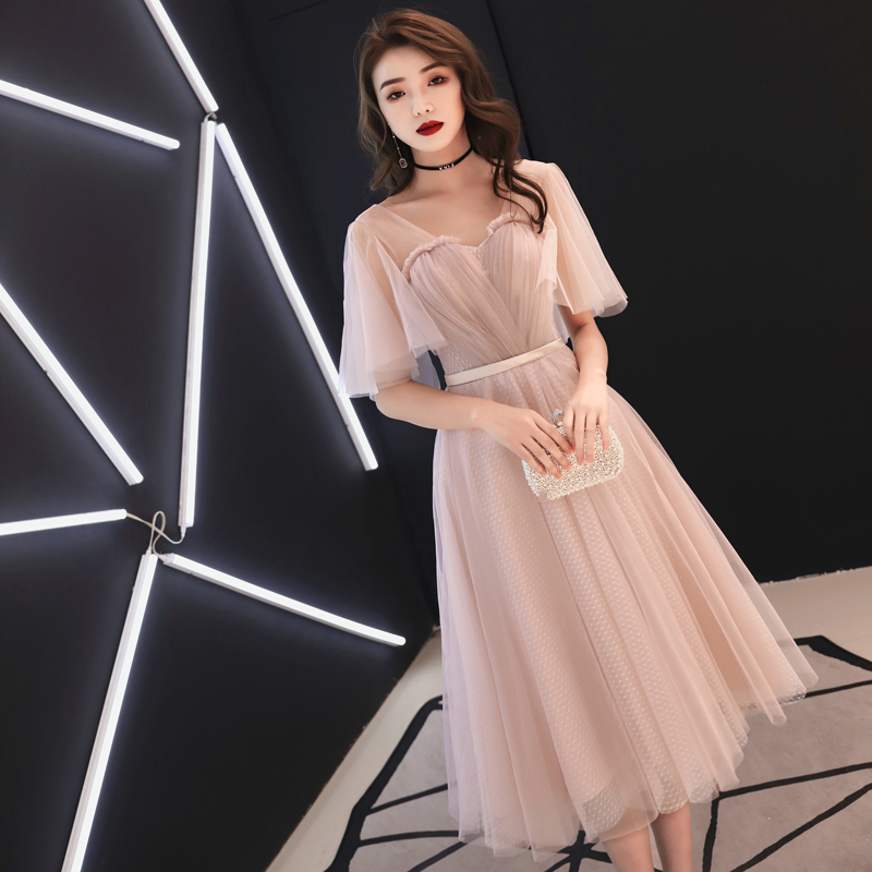 オケージョン ドレス オフショルダーチュールミモレ丈袖付きドレス