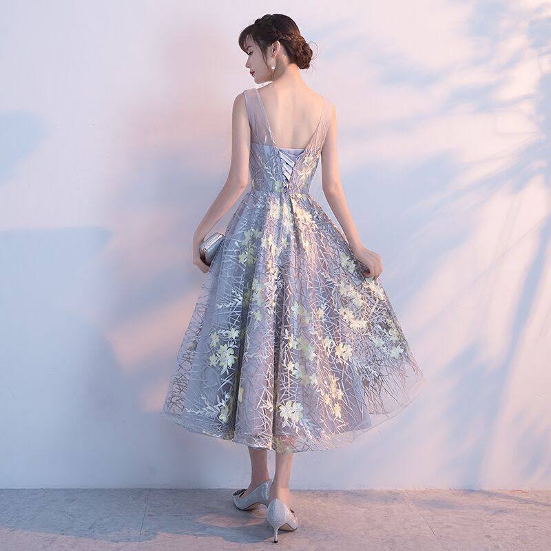 オケージョン ドレス 花柄刺繍チュールノースリーブミディ丈ワンピース