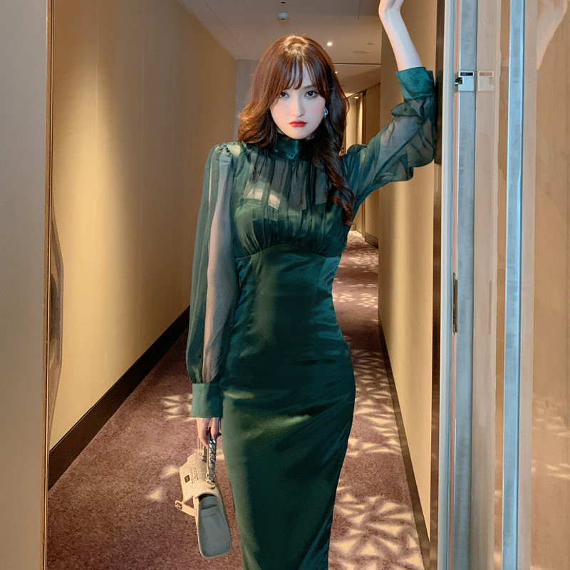 オケージョン ドレス シアースリーブハイネックタイトドレス