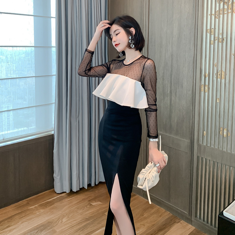 オケージョン ドレス ドット柄シアー袖フリル切替タイトワンピース