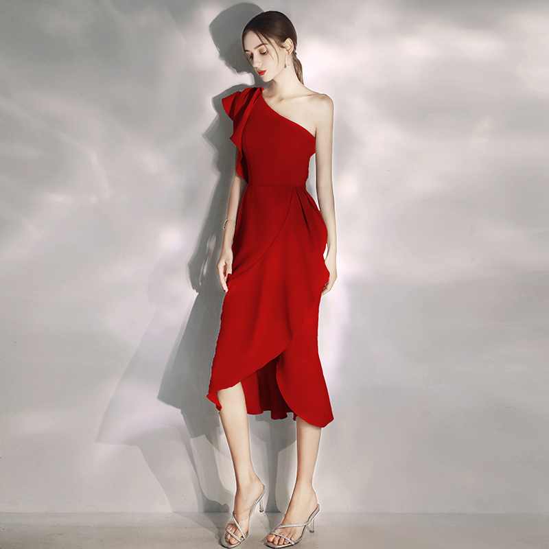 オケージョン ドレス ワンショルダーフリル袖ミディ丈オケージョンドレス