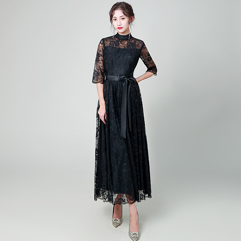 オケージョン ドレス 総レース七分袖ハイネックロング丈ワンピース