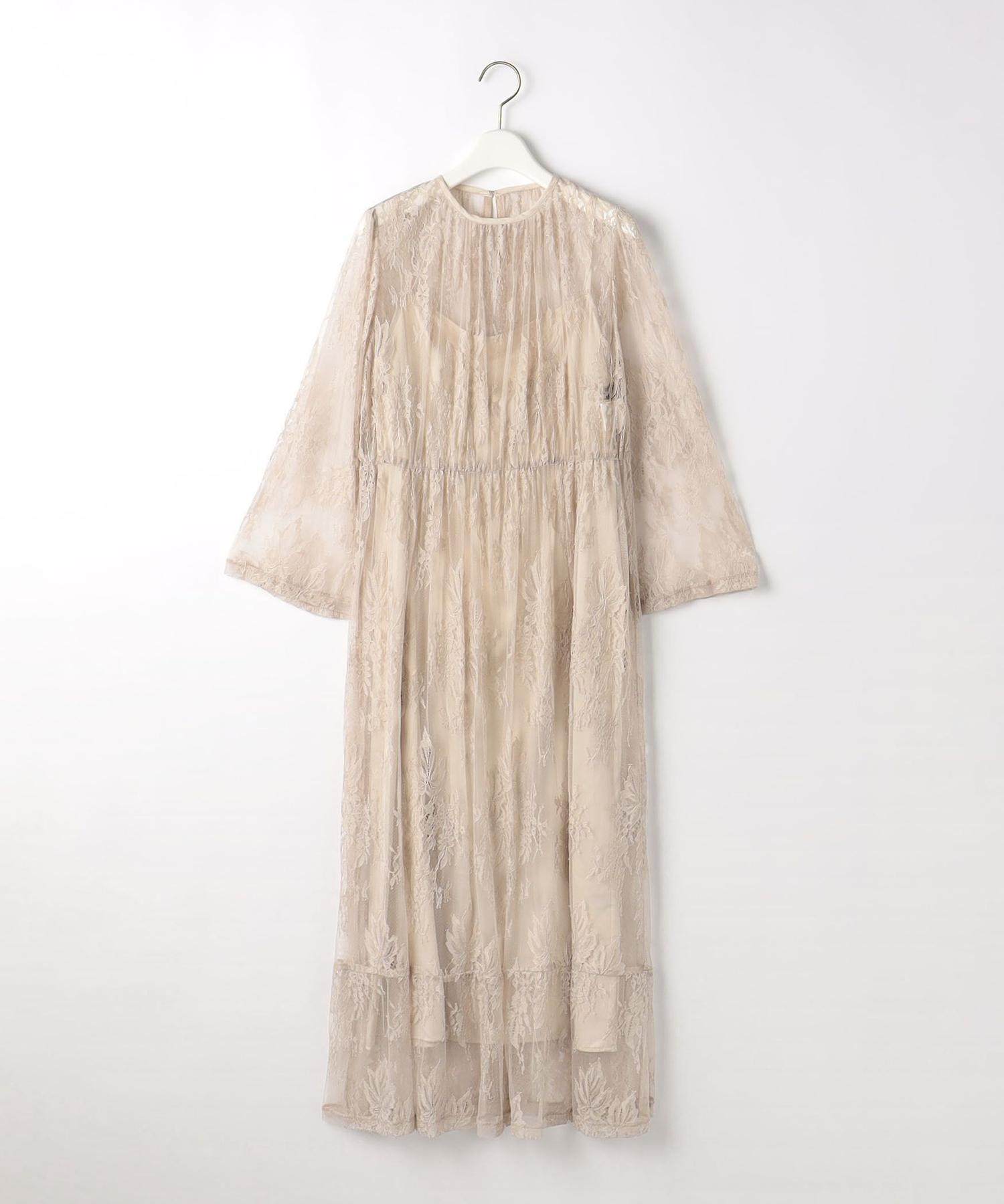 オケージョン ドレス 総レース長袖シアー切替ロング丈ワンピース