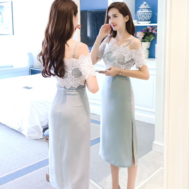 オケージョン ドレス 花柄総レース肩見せタイトミディ丈ドレス