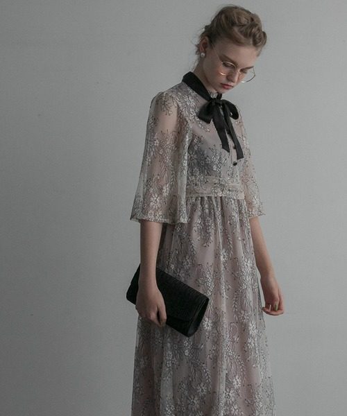 オケージョン ドレス 襟元リボン付き総レース七分袖ワンピース