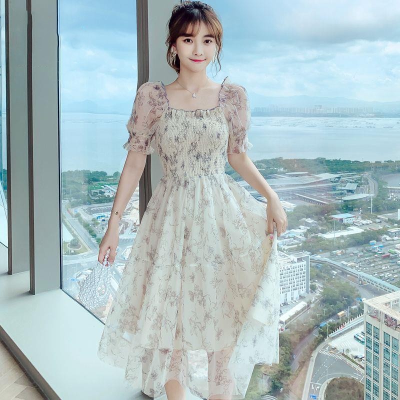 オケージョン ドレス 花柄シフォン パーティーワンピース 結婚式 フレア 半袖