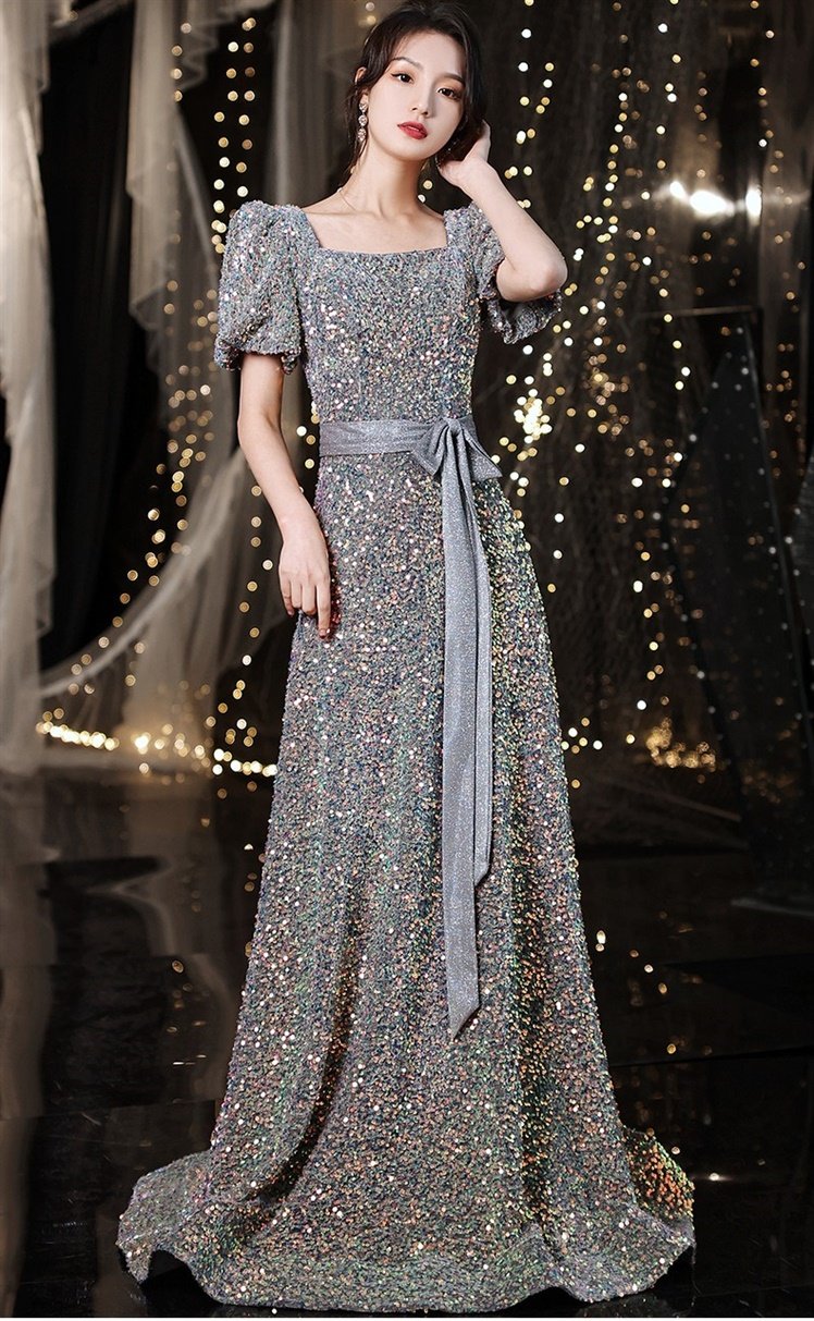 オケージョン ドレス スパンコール全面装飾パフスリーブリボン付きワンピース