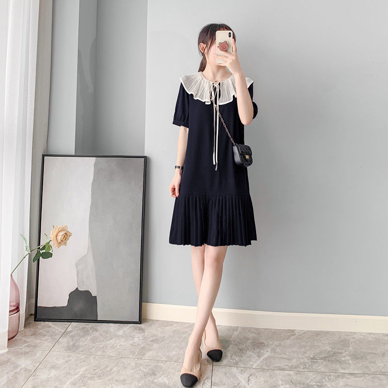 オケージョン ドレス プリーツ襟付きリボン結び半袖ワンピース