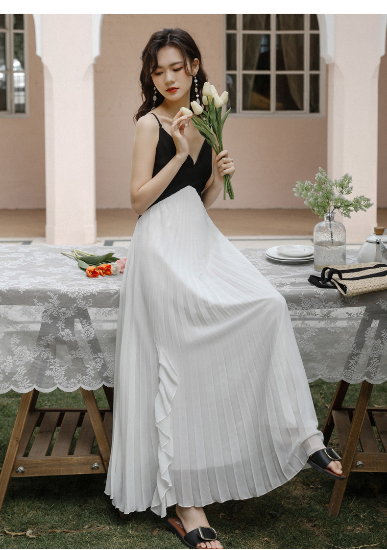 オケージョン ドレス 配色切替プリーツスカートキャミソールロングドレス