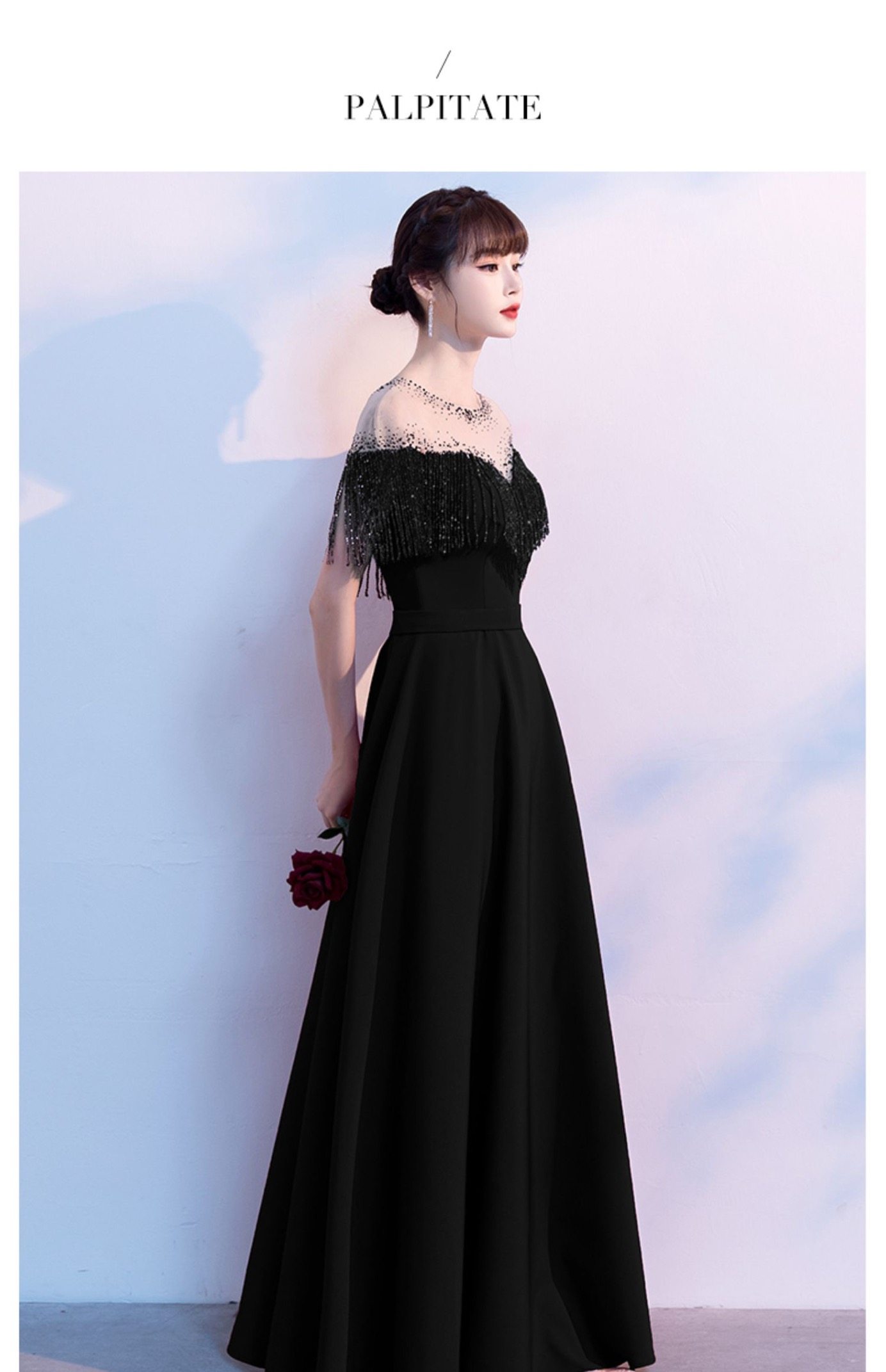 オケージョン ドレス ビーズ刺繍フリンジ肩透けオフショルダードレス