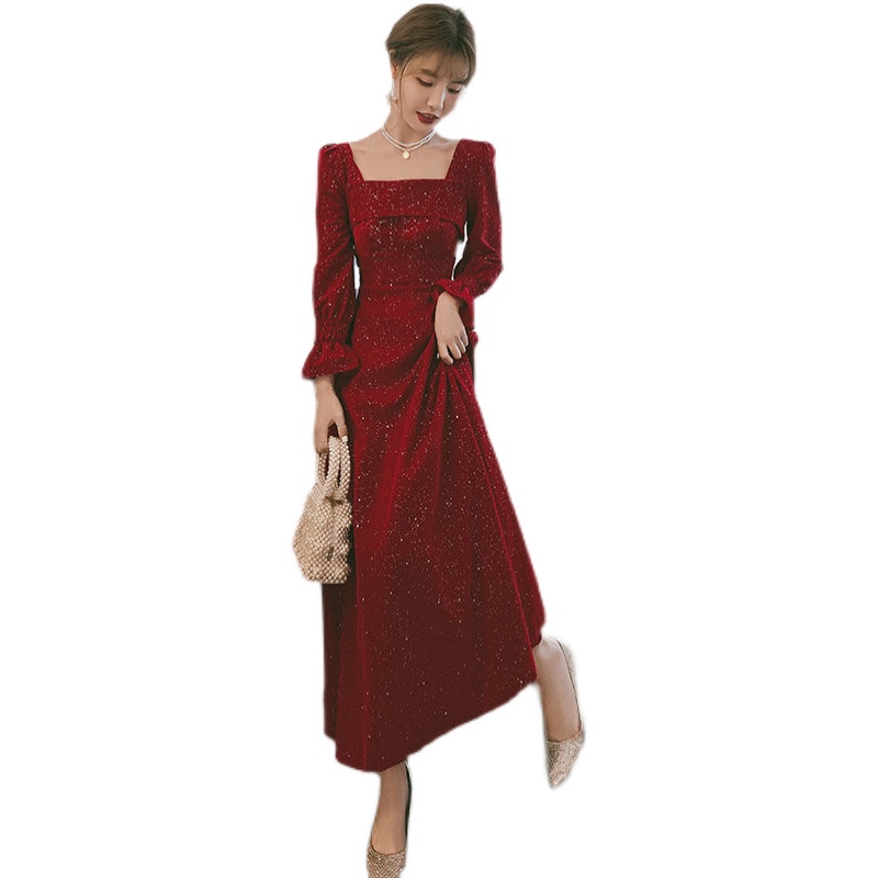 オケージョン ドレス スクエアネック袖フリルラメ入りロング丈ワンピース