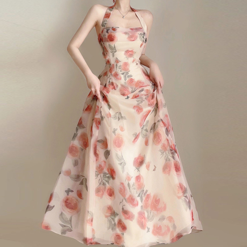 オケージョン ドレス 花柄オーガンジーホルターネックロング丈ワンピース