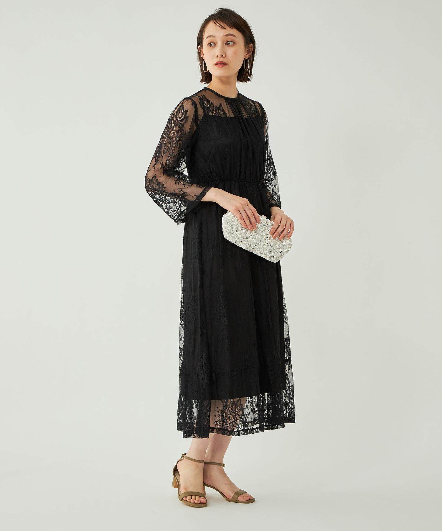 オケージョン ドレス 総レース長袖シアー切替ロング丈ワンピース
