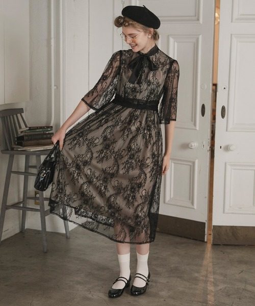 オケージョン ドレス 襟元リボン付き総レース七分袖ワンピース