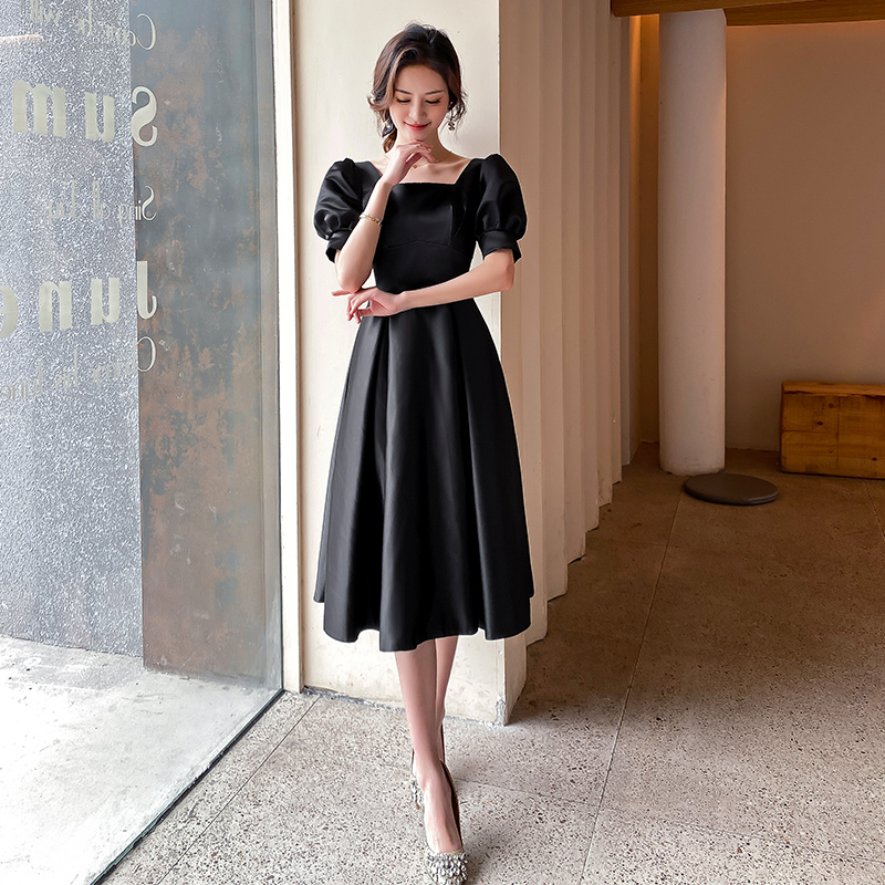 オケージョン ドレス パフスリーブスクエアネックフレアワンピース