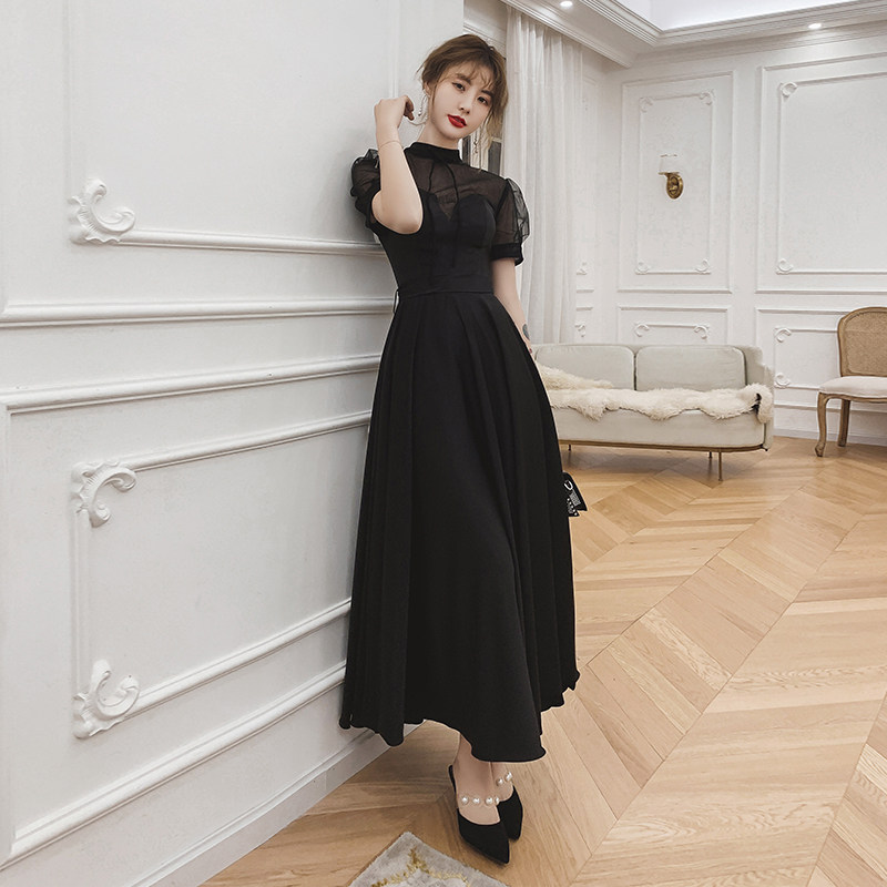 オケージョン ドレス シアー切替ハイネック半袖ロング丈ワンピース