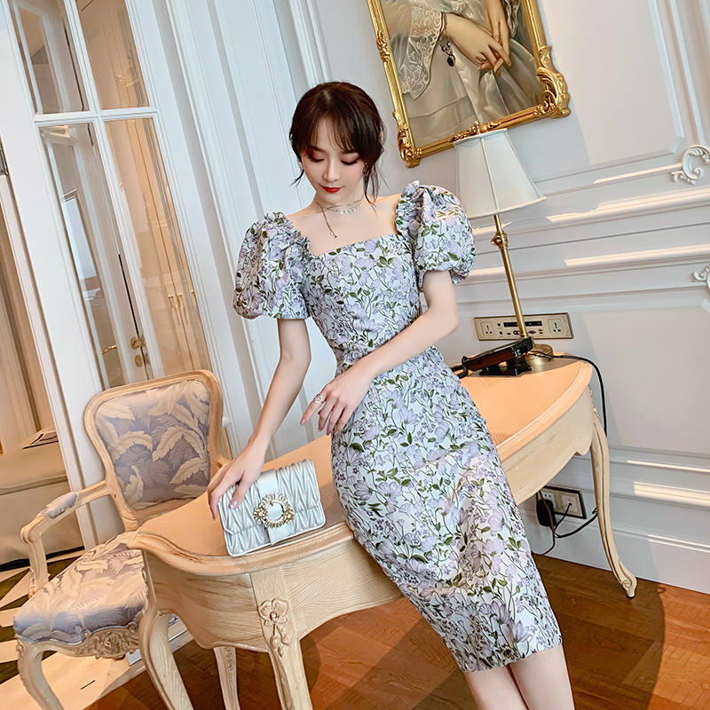 オケージョン ドレス 花柄刺繍パフスリーブオフショルダードレス