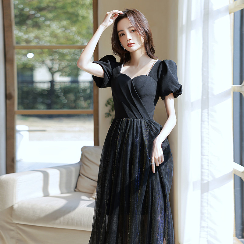 オケージョン ドレス パフスリーブハートネックチュールロングドレス