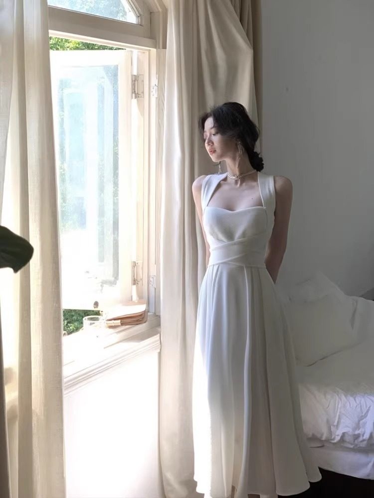 オケージョン ドレス ウエストリボンフレアスカート切替ノースリーブワンピース