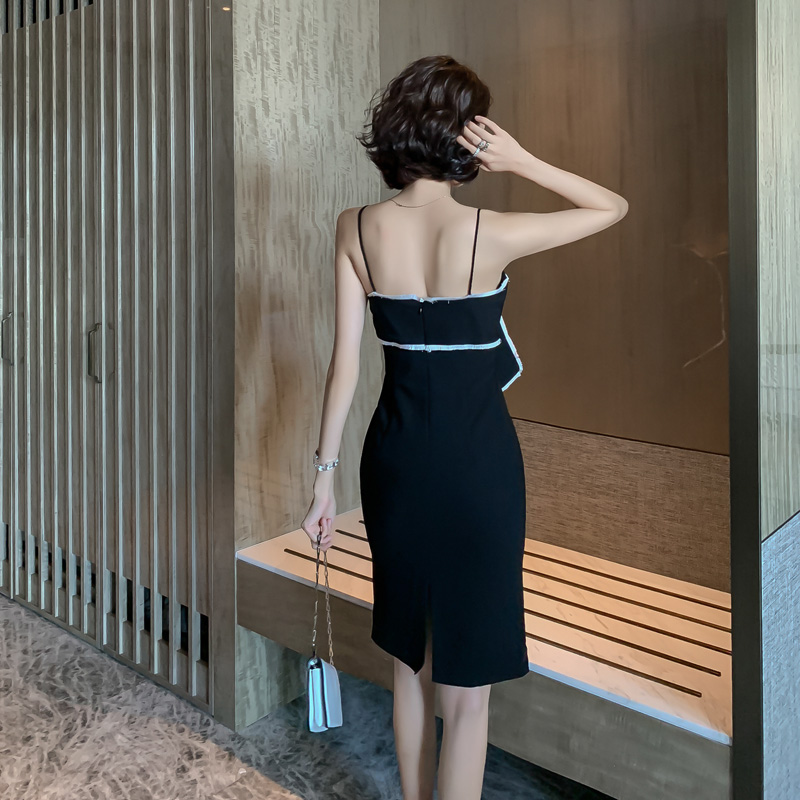 オケージョン ドレス 配色パイピング大判リボンキャミソールタイトドレス