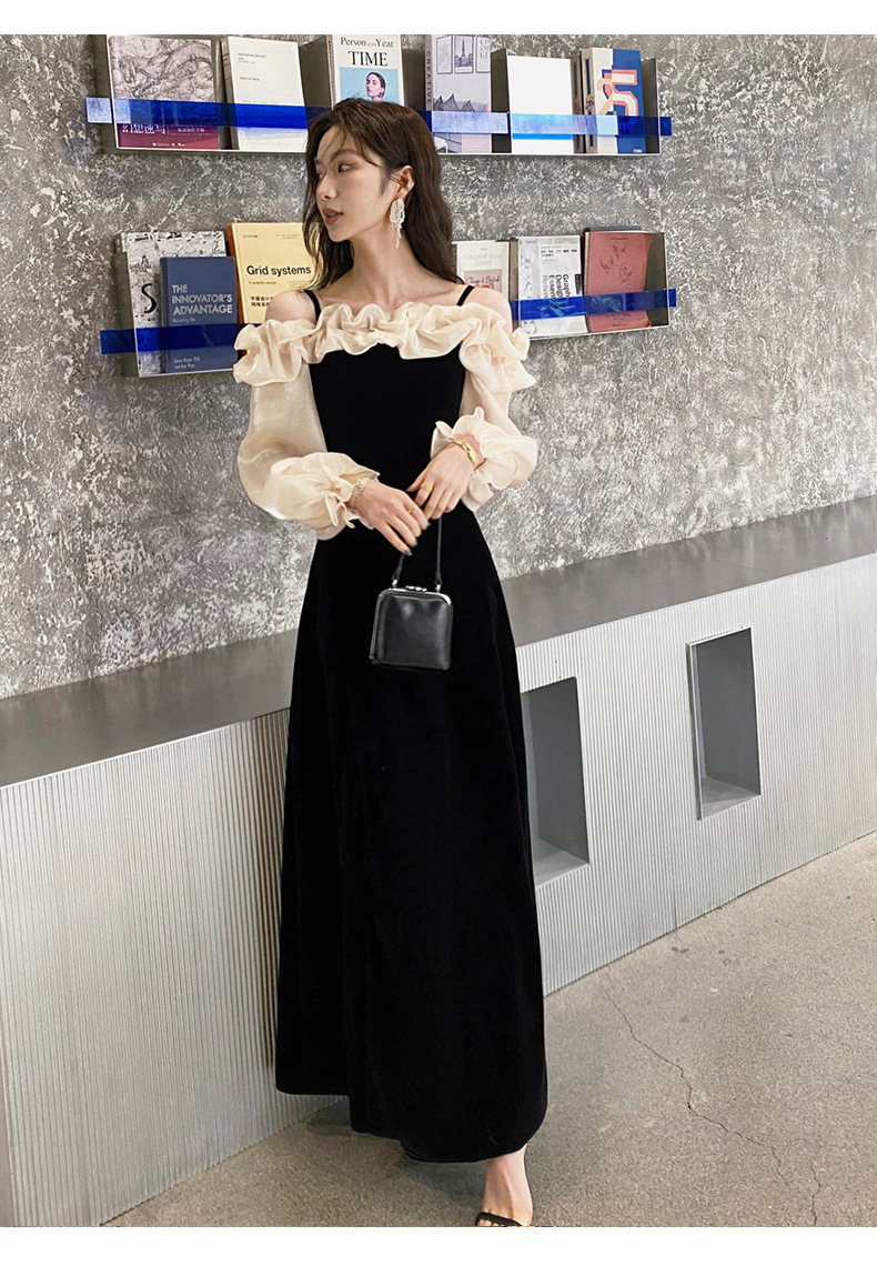 オケージョン ドレス ベロア素材フリル袖オフショルダーロング丈ワンピース